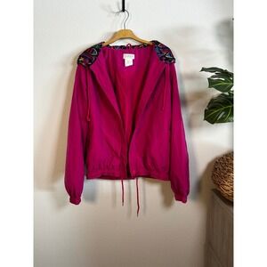 VTG Women's Pink Canoe Boat Print Hooded Windbreaker Jacket Size L‎